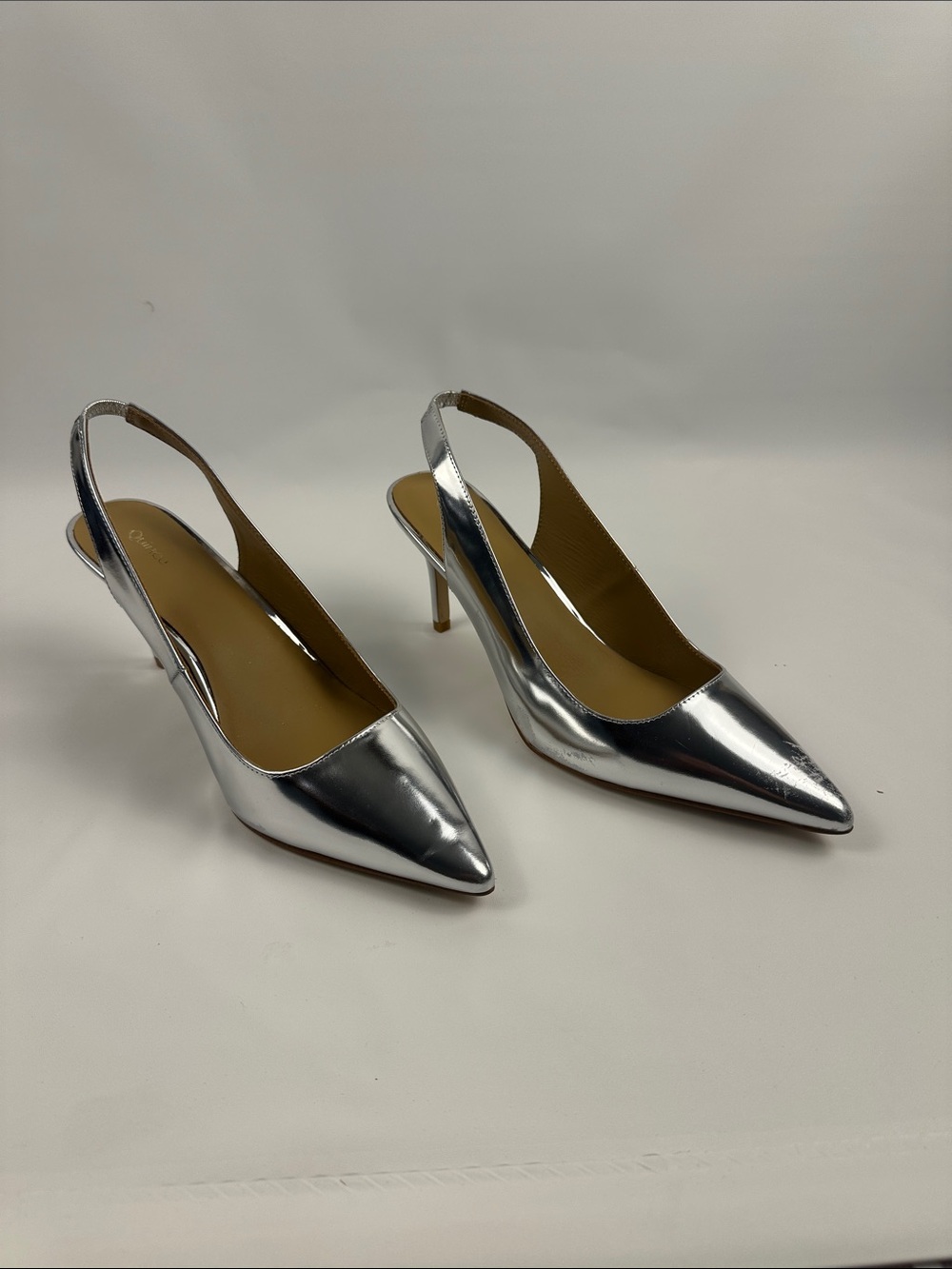 Italian Leather Slingback 76mm Heel Shiny Silver - Women B136